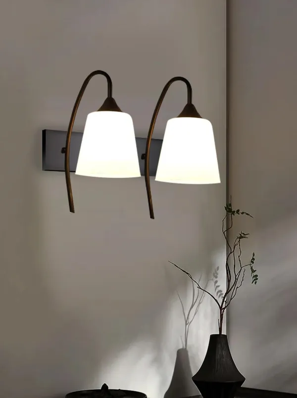 SWIATLO_Double_Tapper_Design_Double_Shade_Wall_Lamp/Wall_Light_to_Décor_Home/Living_Room/Bedroom/Office/Dining/Cafe/Restaurants,_Black_and_Milky_(with_Bulb)