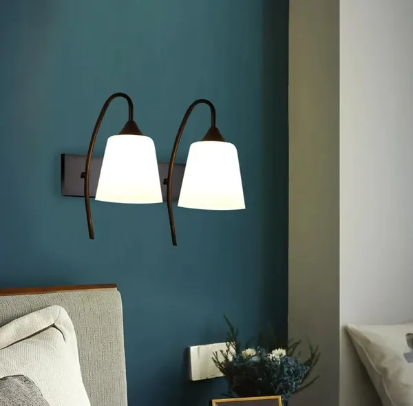 SWIATLO_Double_Tapper_Design_Double_Shade_Wall_Lamp/Wall_Light_to_Décor_Home/Living_Room/Bedroom/Office/Dining/Cafe/Restaurants,_Black_and_Milky_(with_Bulb)