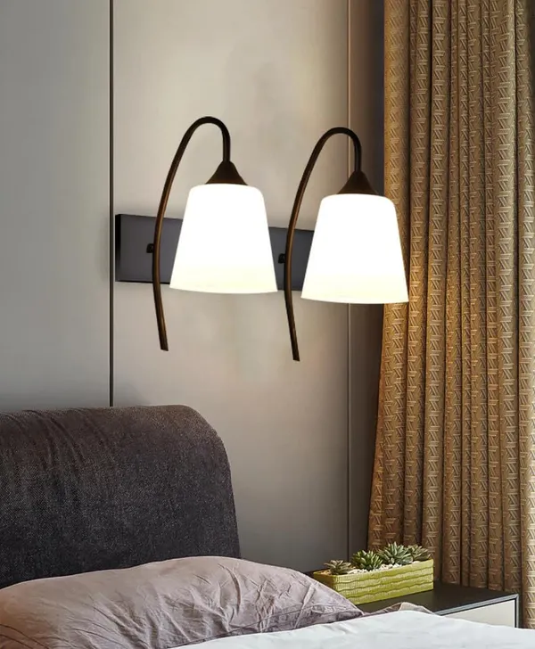 SWIATLO_Double_Tapper_Design_Double_Shade_Wall_Lamp/Wall_Light_to_Décor_Home/Living_Room/Bedroom/Office/Dining/Cafe/Restaurants,_Black_and_Milky_(with_Bulb)