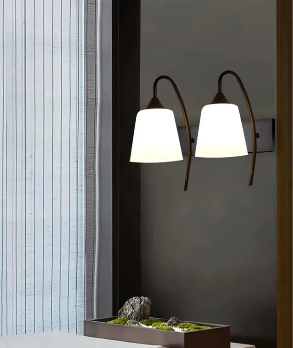 SWIATLO_Double_Tapper_Design_Double_Shade_Wall_Lamp/Wall_Light_to_Décor_Home/Living_Room/Bedroom/Office/Dining/Cafe/Restaurants,_Black_and_Milky_(with_Bulb)