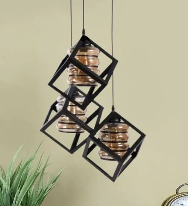 SWIATLO_Decorative_Cluster_Pendant_Light/Three_Hanging_Light/Cluster_Ceiling_Light/Three_Pendant_Lamp_to_Décor_Home/Living_Room/Bedroom/Dining/Cafe/Restaurants,_Cube_with_Glass,_Black_(WITH_BULB)