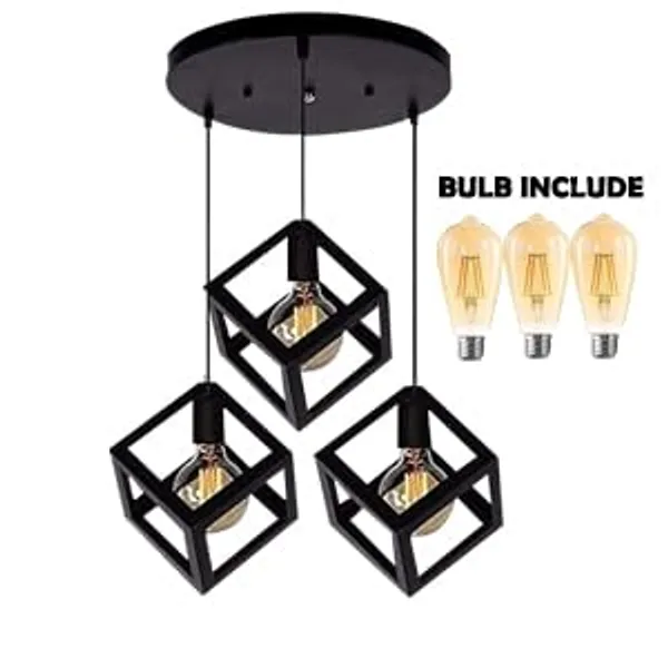 SWIATLO_Decorative_Cluster_Pendant_Light/Cluster_Hanging_Light/Cluster_Ceiling_Light/Three_Pendant_Lamp_to_Décor_Home/Living_Room/Bedroom/Office/Dining/Cafe/Restaurants,_Cube_Design,Black_(WITH_BULB)