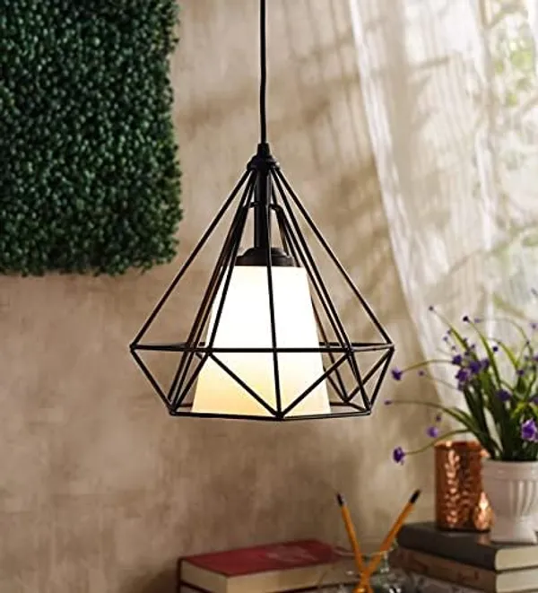 SWIATLO_Decorative_Hanging_Lamp/Pendant_Lamp/Ceiling_Light_to_Décor_Home/Living_Room/Bedroom/Office/Dining/Cafe/Restaurants,_Diamond_with_Milky_Glass,_Black_and_Milky,_(With_Bulb)