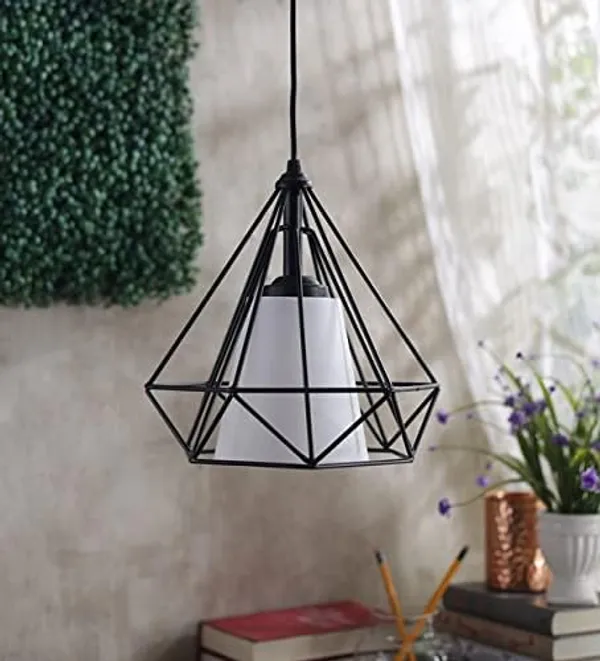 SWIATLO_Decorative_Hanging_Lamp/Pendant_Lamp/Ceiling_Light_to_Décor_Home/Living_Room/Bedroom/Office/Dining/Cafe/Restaurants,_Diamond_with_Milky_Glass,_Black_and_Milky,_(With_Bulb)
