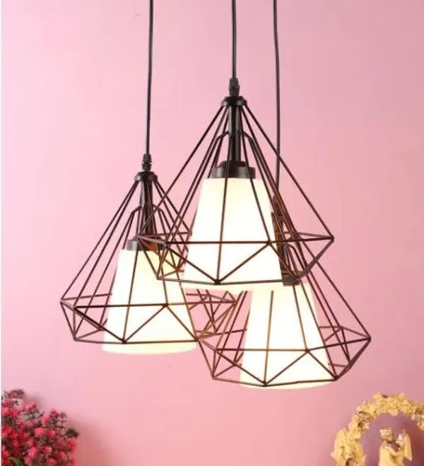 SWIATLO_Decorative_Cluster_Pendant_Light/Cluster_Hanging_Light/Cluster_Ceiling_Light/Three_Pendant_Lamp_to_Décor_Home/Living_Room/Office/Dining/Cafe/Restaurants,Diamond_White_PVC_Glass,Black_(With_Bulb)