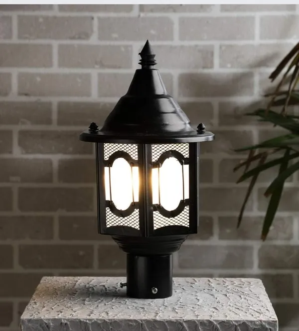 SWIATLO_Modern_Shape_Pole_Lamp/Gate_Light/_Outdoor_Lamp/Outdoor_Light/Pillar_Light_for_Outdoor_Home,_Unique_Top_Design,_Black_and_Clear_(Pack_of_2,_WITH_BULB)