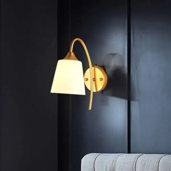 SWIATLO_Cone/Tulip_Living_Room_Wall_Lamp_Minimalist_Ivory_Glass_1-Light_Gold_Gooseneck_Sconce_Lighting_(Pack_of_1,_With_Bulb)