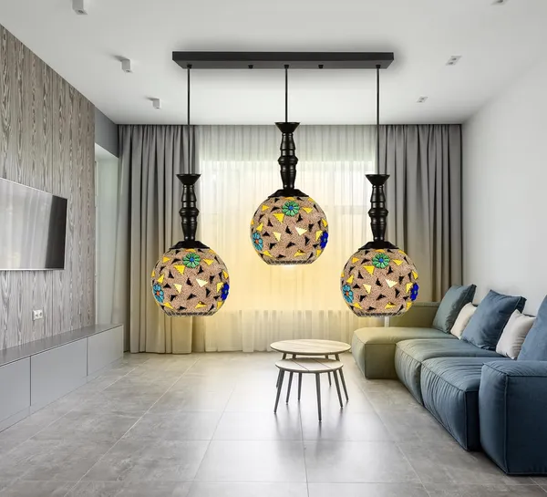 SWIATLO_KIN-71_ROBIN_GLASS_LINEAR_THAALI_Linear_Cluster_Pendant_Light/Cluster_Hanging_Light/Cluster_Ceiling_Light/Three_Pendant_Lamp_to_Décor_Home/Living_Room/Office/Dining/Cafe/Restaurants_(with_Bulb)