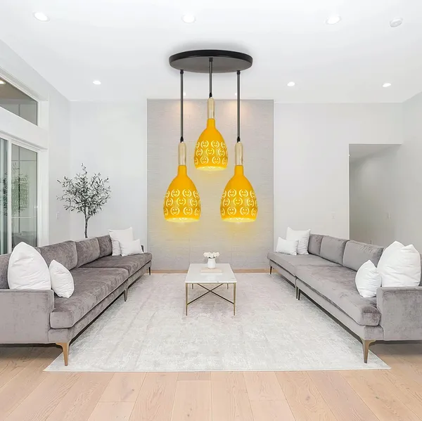 SWIATLO_YELLOW_SMILY_ROUND_THAALI_Lezar_Cuting_Cluster_Pendant_Light/Cluster_Hanging_Light/Cluster_Ceiling_Light/Three_Pendant_Lamp_to_Décor_Home/Living_Room/Bedroom/Dining/Restaurants_(with_Bulb)