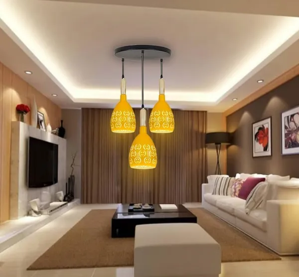 SWIATLO_YELLOW_SMILY_ROUND_THAALI_Lezar_Cuting_Cluster_Pendant_Light/Cluster_Hanging_Light/Cluster_Ceiling_Light/Three_Pendant_Lamp_to_Décor_Home/Living_Room/Bedroom/Dining/Restaurants_(with_Bulb)