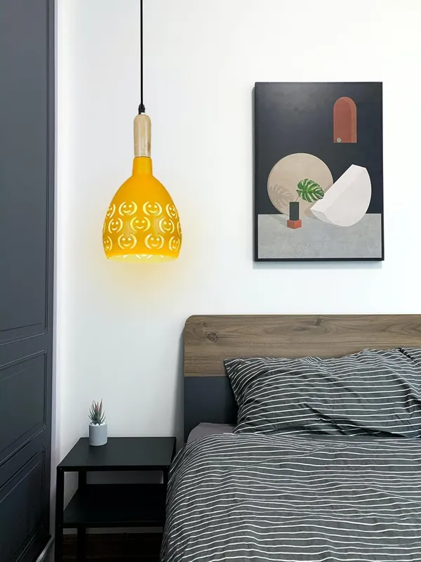 SWIATLO_YELLOW_SMILY_ROUND_THAALI_Lezar_Cuting_Cluster_Pendant_Light/Cluster_Hanging_Light/Cluster_Ceiling_Light/Three_Pendant_Lamp_to_Décor_Home/Living_Room/Bedroom/Dining/Restaurants_(with_Bulb)