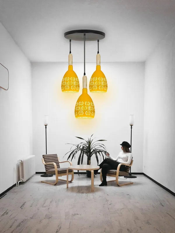 SWIATLO_YELLOW_SMILY_ROUND_THAALI_Lezar_Cuting_Cluster_Pendant_Light/Cluster_Hanging_Light/Cluster_Ceiling_Light/Three_Pendant_Lamp_to_Décor_Home/Living_Room/Bedroom/Dining/Restaurants_(with_Bulb)