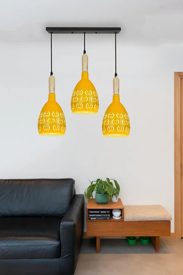 SWIATLO_YELLOW_SMILY_LINEAR_THAALI_Lezar_Cuting_Cluster_Pendant_Light/Cluster_Hanging_Light/Cluster_Ceiling_Light/Three_Pendant_Lamp_to_Décor_Home/Living_Room/Bedroom/Office/Dining/Cafe_(with_Bulb)