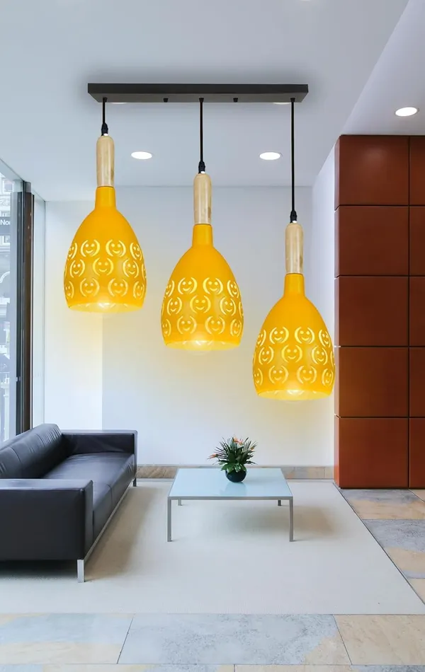 SWIATLO_YELLOW_SMILY_LINEAR_THAALI_Lezar_Cuting_Cluster_Pendant_Light/Cluster_Hanging_Light/Cluster_Ceiling_Light/Three_Pendant_Lamp_to_Décor_Home/Living_Room/Bedroom/Office/Dining/Cafe_(with_Bulb)