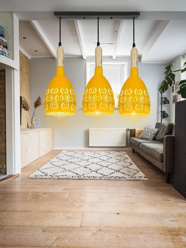 SWIATLO_YELLOW_SMILY_LINEAR_THAALI_Lezar_Cuting_Cluster_Pendant_Light/Cluster_Hanging_Light/Cluster_Ceiling_Light/Three_Pendant_Lamp_to_Décor_Home/Living_Room/Bedroom/Office/Dining/Cafe_(with_Bulb)