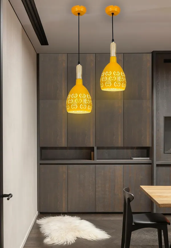 SWIATLO_YELLOW_SMILY_Lezar_Cutting_Hanging_Lamp/Pendant_Lamp/Ceiling_Light_to_Décor_Home/Living_Room/Bedroom/Office/Dining/Cafe/Restaurants,_Yellow_(Pack_of_2,_with_Bulb)