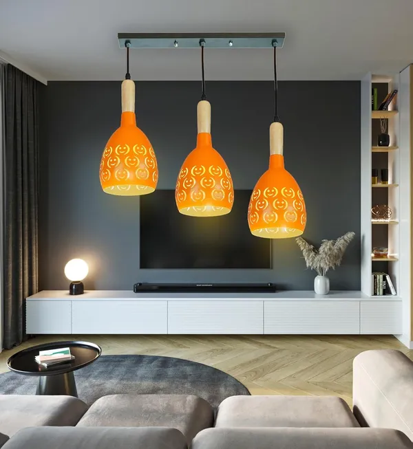 SWIATLO_ORANGE_SMILY_LINEAR_THAALI_Linear_Cluster_Pendant_Light/Cluster_Hanging_Light/Cluster_Ceiling_Light/Three_Pendant_Lamp_to_Décor_Home/Living_Room/Bedroom/Office/Dining/Cafe_(with_Bulb)