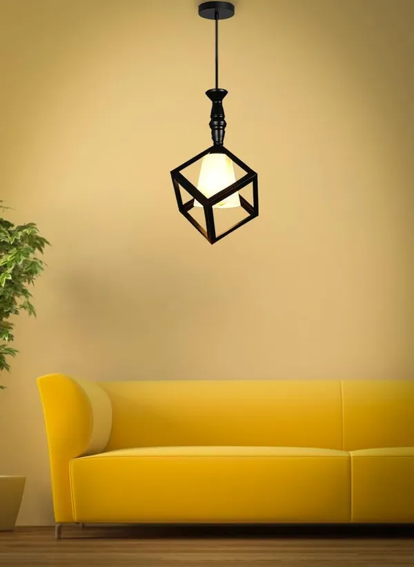 SWIATLO_KIN-71_CUBE_MILKY_PVC_GLAS_HL_Cube_Style_Hanging_Lamp/Pendant_Lamp/Ceiling_Light_to_Décor_Home/Living_Room/Bedroom/Office/Dining/Cafe/Restaurants,_Black_(Pack_of_1,_with_Bulb)