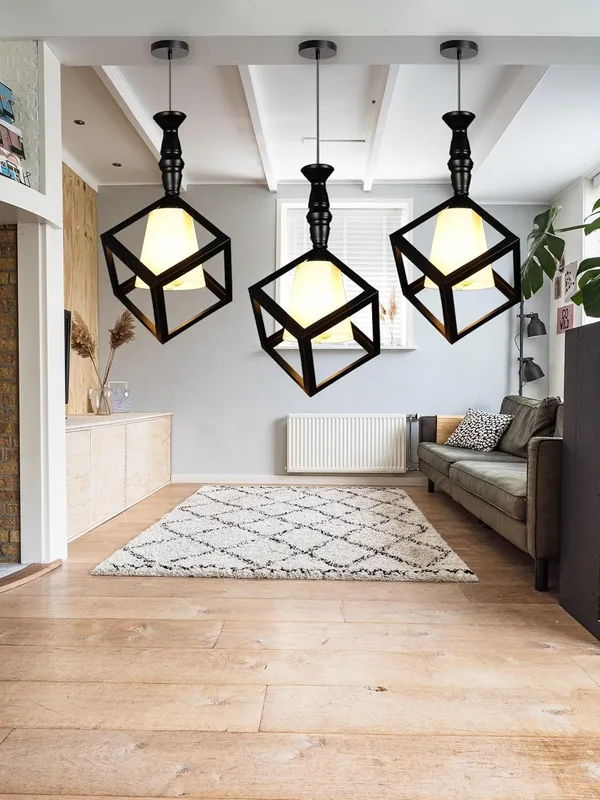 SWIATLO_KIN-71_CUBE_MILKY_PVC_GLAS_HL_Cube_Style_Hanging_Lamp/Pendant_Lamp/Ceiling_Light_to_Décor_Home/Living_Room/Bedroom/Office/Dining/Cafe/Restaurants,_Black_(Pack_of_1,_with_Bulb)