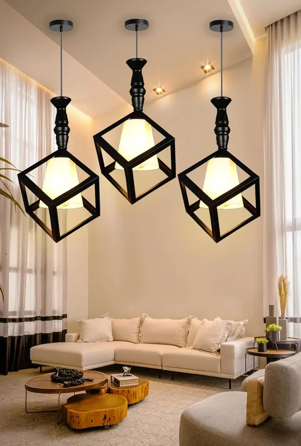 SWIATLO_KIN-71_CUBE_MILKY_PVC_GLAS_HL_Cube_Style_Hanging_Lamp/Pendant_Lamp/Ceiling_Light_to_Décor_Home/Living_Room/Bedroom/Office/Dining/Cafe/Restaurants,_Black_(Pack_of_1,_with_Bulb)