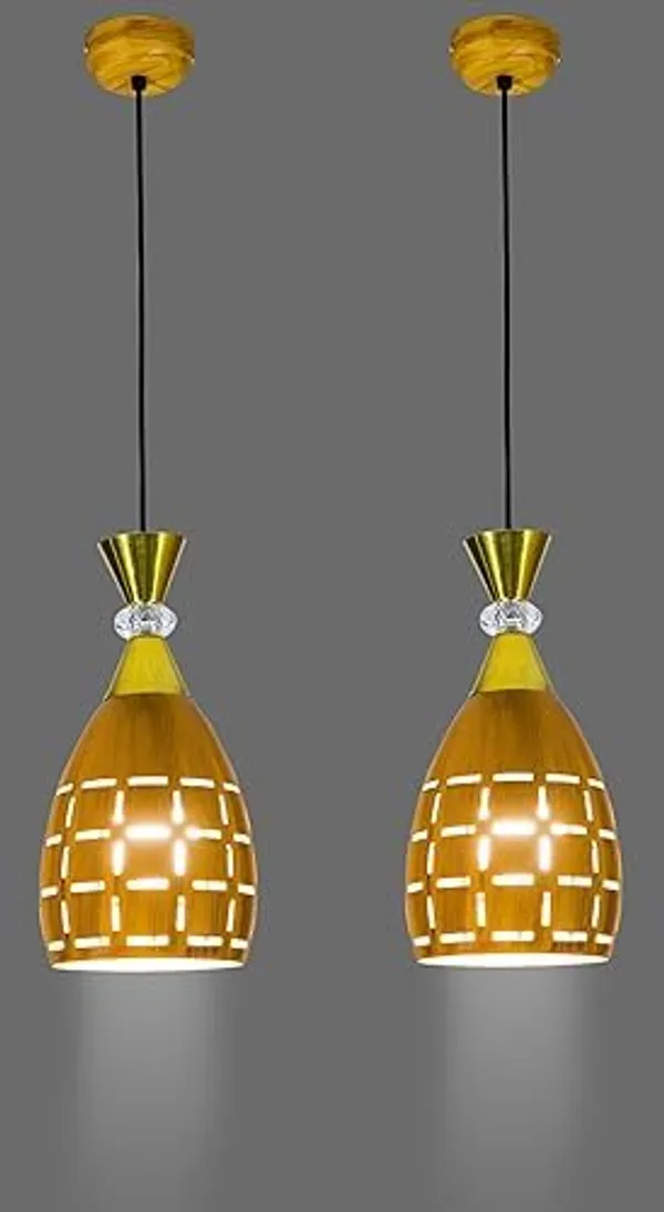 SWIATLO_Wooden_Color_Lezar_Cutting_Hanging_Lamp_for_Bedroom/Pendant_Lamp_for_Living_Room/Ceiling_Pendant_Lamp/Hanging_Pendant_Light_for_Bedroom/Office/Dining/Cafe/Restaurants_(Pack_of_2,_with_Bulb)