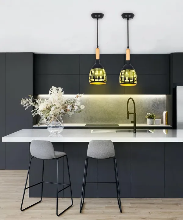 SWIATLO_Half_Oval_With_Wooden_Cork_Lezar_Cutting_Hanging_Lamp/Pendant_Lamp/Ceiling_Light_to_Décor_Home/Living_Room/Bedroom/Office/Dining/Cafe/Restaurants,_Black_(Pack_of_2,_with_Bulb)