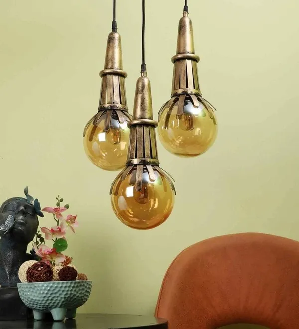 SWIATLO_Golden_Antique_Mashal_Design_Decorative_Cluster_Pendant_Light/Cluster_Hanging_Light/Cluster_Ceiling_Light/Three_Pendant_Lamp_to_Décor_Home/Bedroom/Office/Dining/Cafe_(with_Bulb)