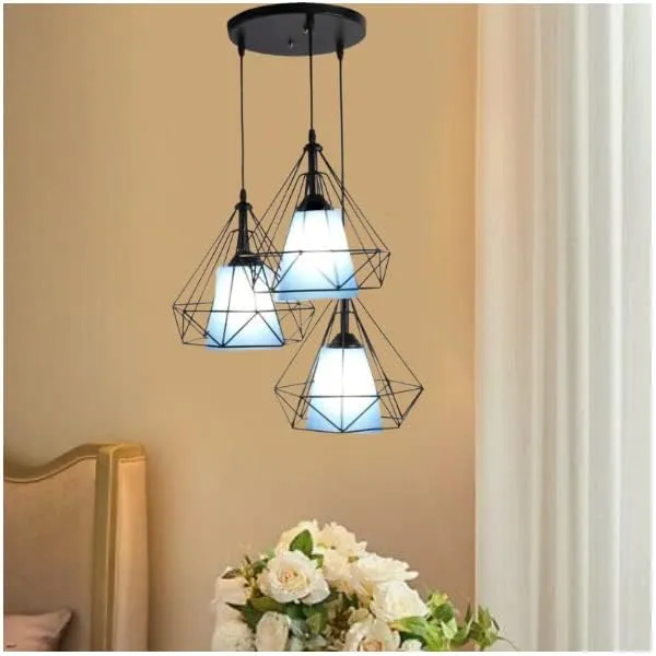 SWIATLO_Decorative_Cluster_Pendant_Light/Cluster_Hanging_Light/Cluster_Ceiling_Light/Three_Pendant_Lamp_to_Décor_Home/Living_Room/Bedroom/Office/Restaurants,_Diamond_Blue_PVC_Glass,_Black_(with_Bulb)