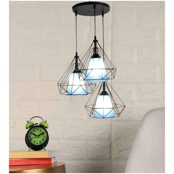 SWIATLO_Decorative_Cluster_Pendant_Light/Cluster_Hanging_Light/Cluster_Ceiling_Light/Three_Pendant_Lamp_to_Décor_Home/Living_Room/Bedroom/Office/Restaurants,_Diamond_Blue_PVC_Glass,_Black_(with_Bulb)