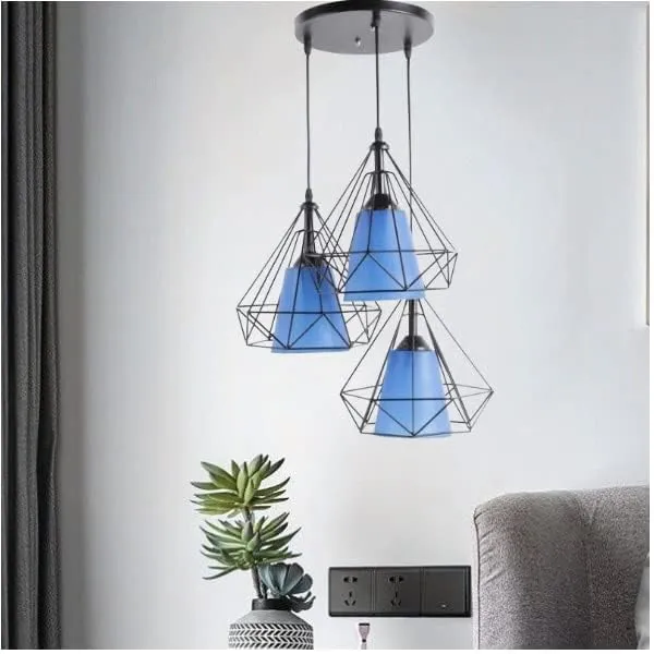 SWIATLO_Decorative_Cluster_Pendant_Light/Cluster_Hanging_Light/Cluster_Ceiling_Light/Three_Pendant_Lamp_to_Décor_Home/Living_Room/Bedroom/Office/Restaurants,_Diamond_Blue_PVC_Glass,_Black_(with_Bulb)