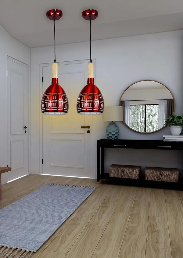SWIATLO_Half_Oval_with_Wooden_Cork_Lezar_Cutting_Hanging_Lamp/Pendant_Lamp/Ceiling_Light_to_Décor_Home/Living_Room/Bedroom/Office/Dining/Cafe/Restaurants,_Mehroon_(Pack_of_2,_with_Bulb)