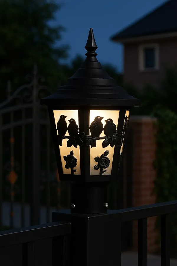 SWIATLO_Vintage_Black_Bird_&_Rose_Design_Gate_Lamp_–_Decorative_Outdoor_Post_Light,_Warm_White_Glow_for_Home_Entrance_/Pillar_Lights_for_Garden,_Patio,_Boundreis_or_Entryway_(Pack_of_1,_With_Bulb)
