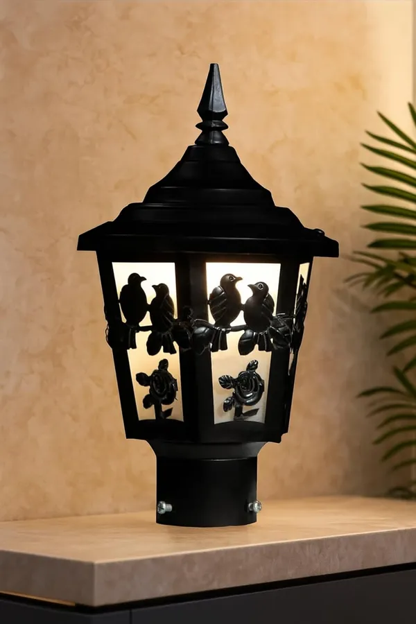 SWIATLO_Vintage_Black_Bird_&_Rose_Design_Gate_Lamp_–_Decorative_Outdoor_Post_Light,_Warm_White_Glow_for_Home_Entrance_/Pillar_Lights_for_Garden,_Patio,_Boundreis_or_Entryway_(Pack_of_1,_With_Bulb)