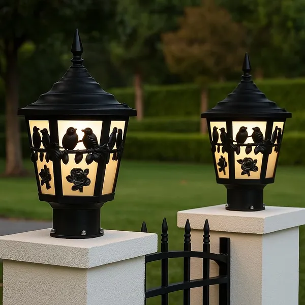 SWIATLO_Vintage_Black_Bird_&_Rose_Design_Gate_Lamp_–_Decorative_Outdoor_Post_Light,_Warm_White_Glow_for_Home_Entrance_/Pillar_Lights_for_Garden,_Patio,_Boundreis_or_Entryway_(Pack_of_1,_With_Bulb)