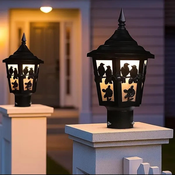 SWIATLO_Vintage_Black_Bird_&_Rose_Design_Gate_Lamp_–_Decorative_Outdoor_Post_Light,_Warm_White_Glow_for_Home_Entrance_/Pillar_Lights_for_Garden,_Patio,_Boundreis_or_Entryway_(Pack_of_1,_With_Bulb)