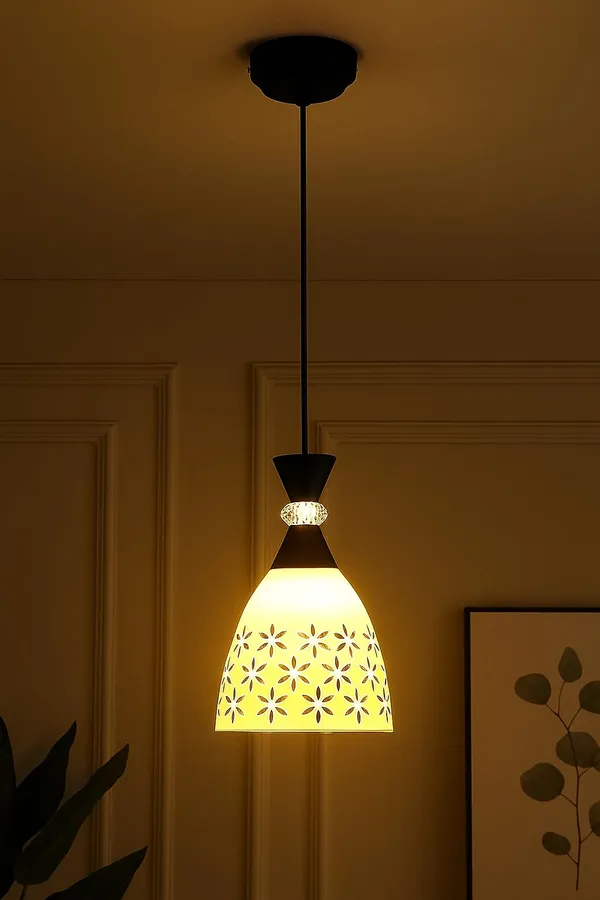 SWIATLO_Elegant_White_Flower_Design_Ceiling_Pendant_Lamp_for_Home_Decor_/Living_Room/Bedroom/Office/Dining/Cafe/Restaurants,_White_and_Black_(Pack_of_1,_with_Bulb)