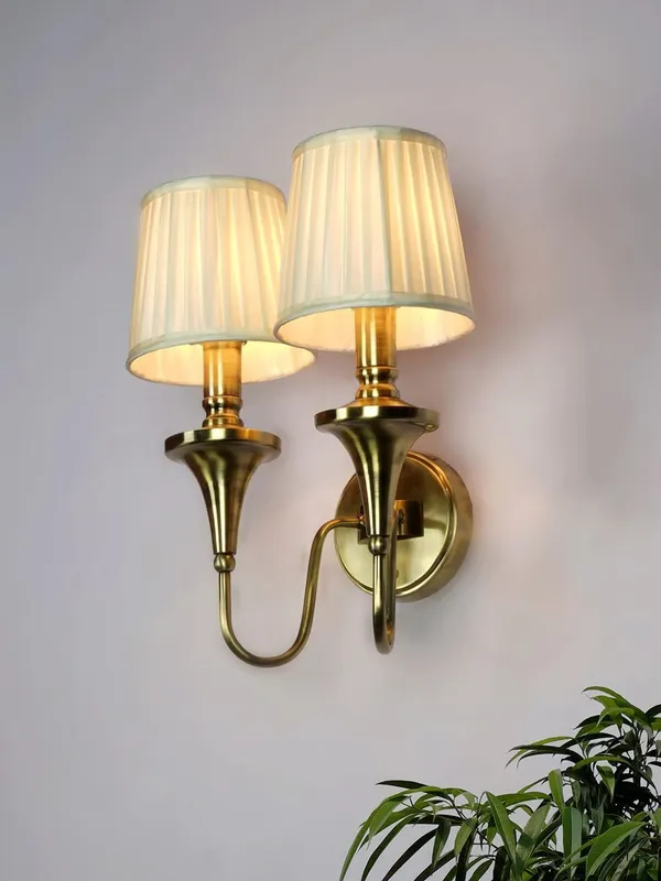 SWIATLO_Double_Elegant_Brass_Wall_Sconce_with_Fabric_Shade_|_Perfect_for_Modern_&_Classic_Interiors_|_Wall_Light_for_Living_Room,_Cafe,_Hotel,_Resturant,_Bar,_Bedroom_etc._(WITH_BULB)