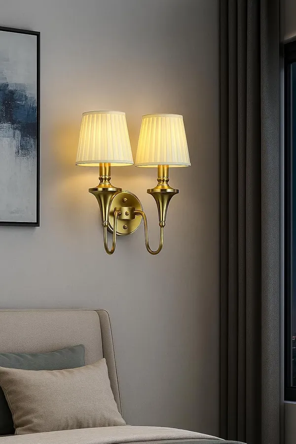 SWIATLO_Double_Elegant_Brass_Wall_Sconce_with_Fabric_Shade_|_Perfect_for_Modern_&_Classic_Interiors_|_Wall_Light_for_Living_Room,_Cafe,_Hotel,_Resturant,_Bar,_Bedroom_etc._(WITH_BULB)