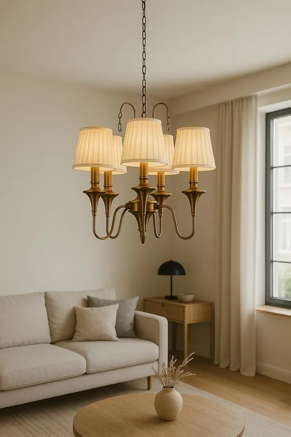 SWIATLO_Luxury_5-Light_Brass_Chandelier_with_Fabric_Pleated_Shades_|_Adjustable_Height_Retro-Style_Jhoomar_Ceiling_Light_to_Décor_Home_|_Living_Room/Bedroom/Office/Dining/Restaurants_(with_Bulb)