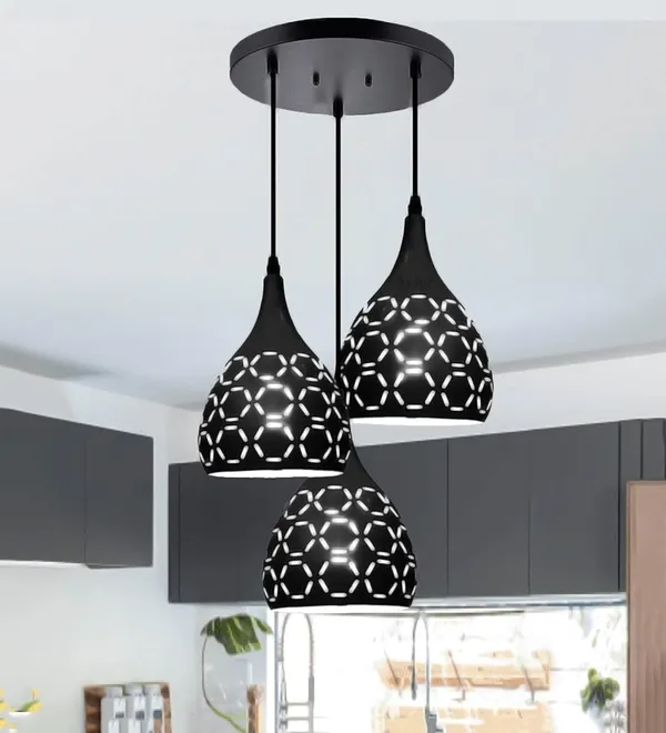 SWIATLO_Modern_Hanging_Pendant_Lamp_for_Living_Room_&_Dining_Area_|_Black_Metal_Teardrop_Ceiling_Light_with_Designer_Cut-Out_Pattern_for_Living_Room,_Dining,_Restaurants_&_Cafe_(with_Bulb)
