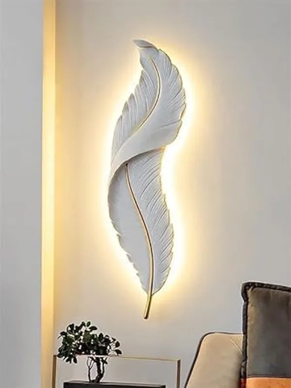 SWIATLO_|_3-Color_Changeable_Light_(Warm/Natural/Cool_White)_|_Modern_Metal_Decorative_Wall_Sconce_for_Living_Room,_Bedroom,_Hallway_|_Stylish_Feather_Wall_Light_|_White