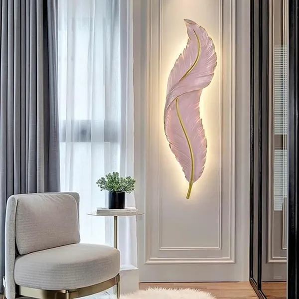 SWIATLO_Feather_Shape_LED_Wall_Lamp_Decorative_Metal_Wall_Light_|_3-Color_LED_Light_Pink_Feather_Design_|_Modern_Decorative_Wall_Sconce_for_Living_Room,_Bedroom,_Hallway_Pink
