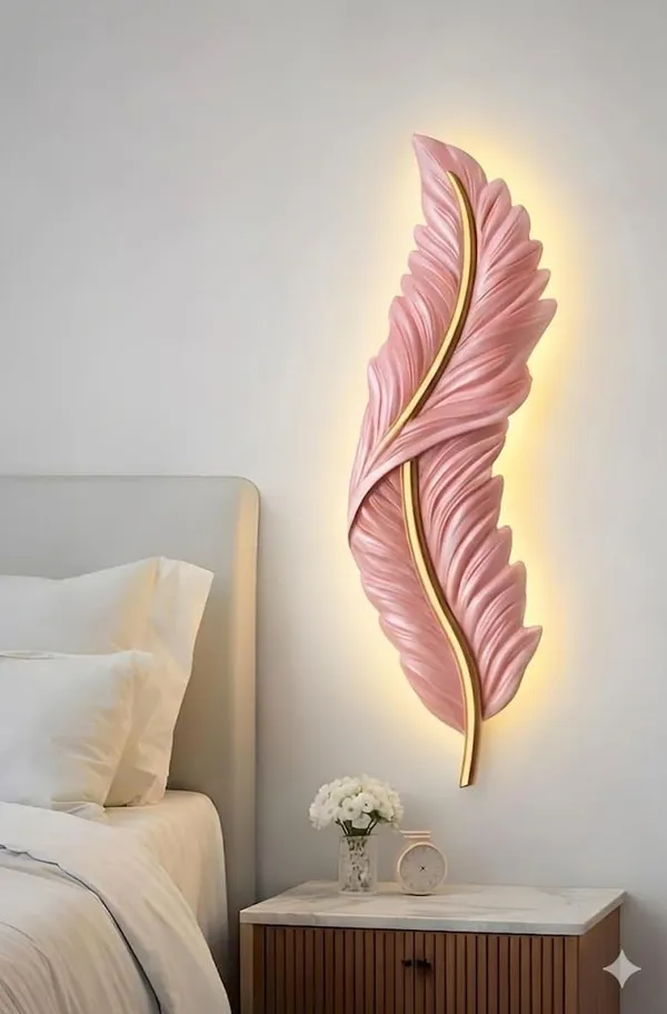 SWIATLO_Feather_Shape_LED_Wall_Lamp_Decorative_Metal_Wall_Light_|_3-Color_LED_Light_Pink_Feather_Design_|_Modern_Decorative_Wall_Sconce_for_Living_Room,_Bedroom,_Hallway_Pink
