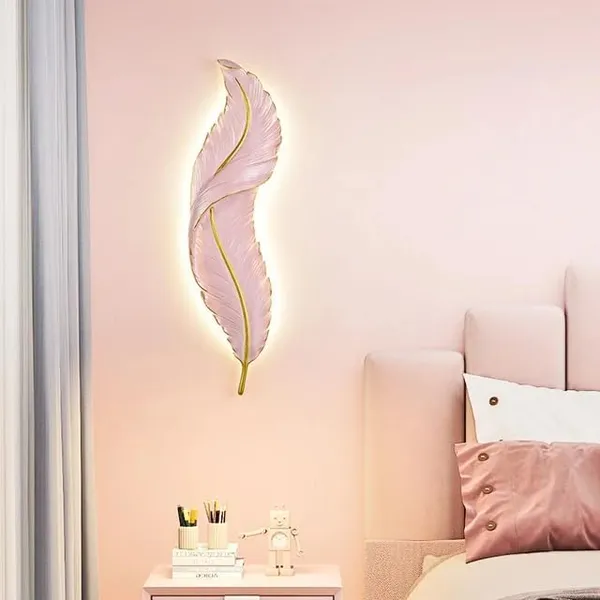 SWIATLO_Feather_Shape_LED_Wall_Lamp_Decorative_Metal_Wall_Light_|_3-Color_LED_Light_Pink_Feather_Design_|_Modern_Decorative_Wall_Sconce_for_Living_Room,_Bedroom,_Hallway_Pink