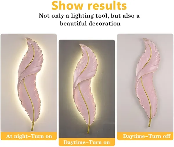 SWIATLO_Feather_Shape_LED_Wall_Lamp_Decorative_Metal_Wall_Light_|_3-Color_LED_Light_Pink_Feather_Design_|_Modern_Decorative_Wall_Sconce_for_Living_Room,_Bedroom,_Hallway_Pink