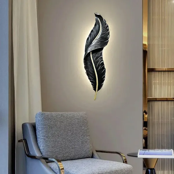 SWIATLO_Feather_Shape_LED_Wall_Lamp_Decorative_Metal_Wall_Light_|_3-Color_LED_Light_Black_Feather_Design_|_Modern_Decorative_Wall_Sconce_for_Living_Room,_Bedroom,_Hallway_04_Black
