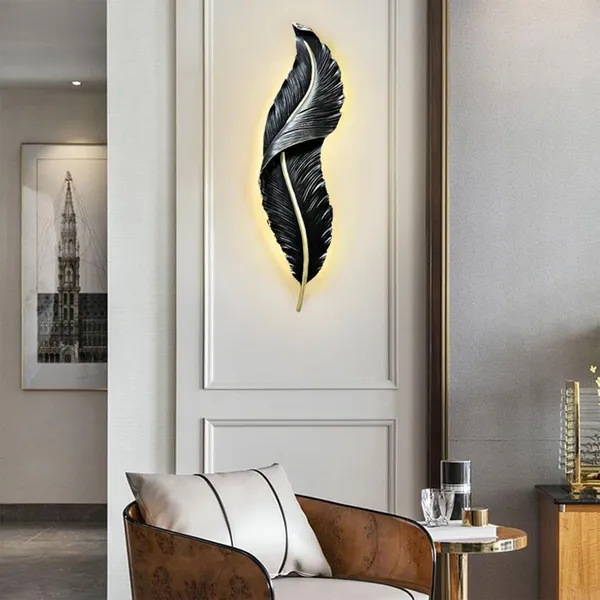 SWIATLO_Feather_Shape_LED_Wall_Lamp_Decorative_Metal_Wall_Light_|_3-Color_LED_Light_Black_Feather_Design_|_Modern_Decorative_Wall_Sconce_for_Living_Room,_Bedroom,_Hallway_04_Black