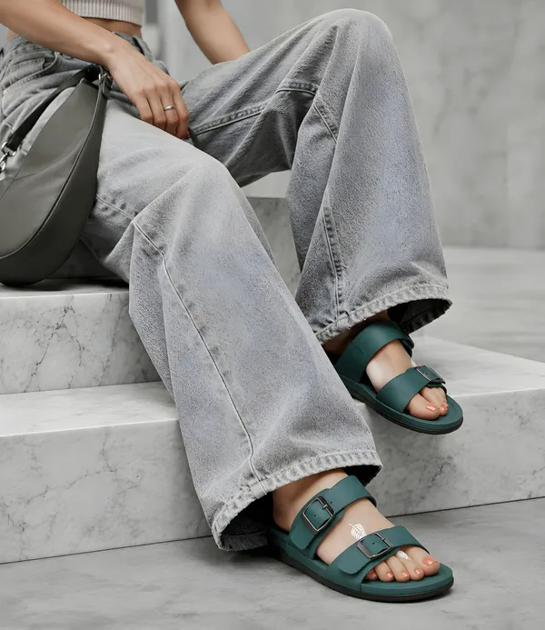 Deep_Teal_Green_Women's_Double_Buckle_Comfort_Slide_Sandals_|_Casual_Everyday_Flats
