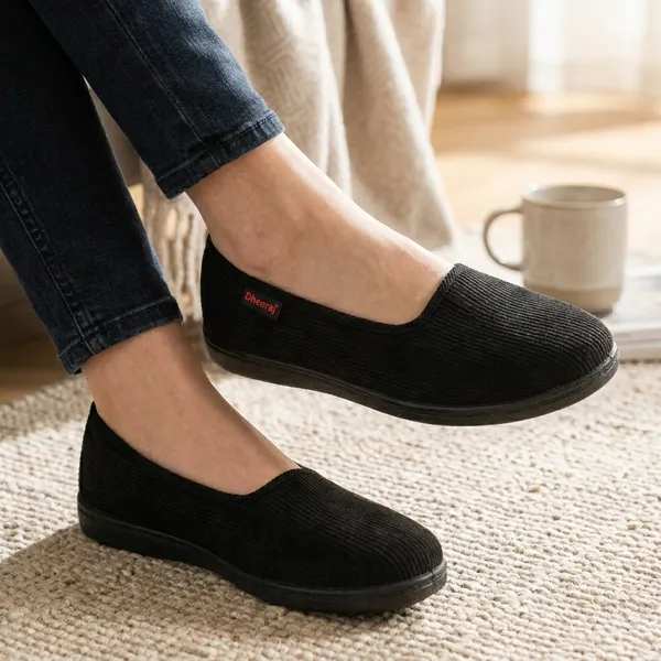 Black_Corduroy_Slip-On_Casual_Shoes_For_Women