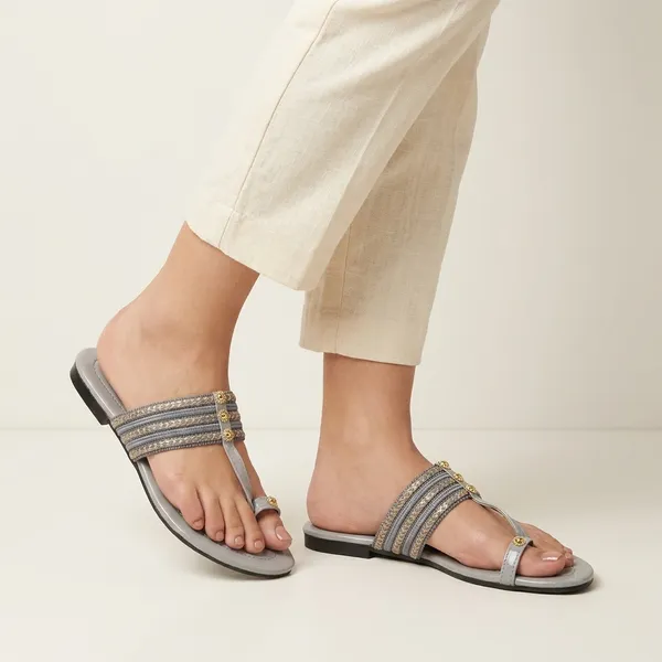 Grey_Synthetic_Leather_Embroidered_Thong_Sandals_For_Women